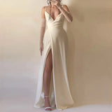 MQTIME  -  Summer Fashion Hight Waist Solid Long Dress Women Sexy Sleeveless Backless Gowns Dress Elegant Deep V-neck Split Suspender Dress