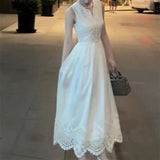 MQTIME  -  French White Lace Embroidery Midi Dress Summer V Neck Sleeveless High Wais Holiday Dresses For Woment Party Robe Clothing J114