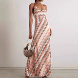 MQTIME  -  Rainbow Striped Printed Casual Beach Dress Fashion V Neck Hollow Out Sleeveless Summer Dress Sexy Slim Fit Wrap Hip A-line Dress