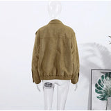  MQTIME  -  Retro Solid Suede Bomber Jacket Women Street Lapel Single Breasted Full Sleeves Zipper Pockets Coat Female Autumn Casual Outwear
