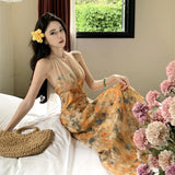 MQTIME  -  Print Floral Vintage Beach Long Dress Women Summer Sleeveless Halter Backless Slim Long Dress Sexy Club Party Birthday Dresses