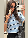 MQTIME  -  Y2K Women Summer Polo Shirt Blue White Contrast Striped Short Sleeve Knitted Blouse Cardigan Casual Commuter Hollow Tops