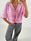 MQTIME  -  Women s Short Sleeve V-Neck Hollow Out Casual Blouse Tie Front Solid Color Loose Fit Summer Top Streetwear Fashion