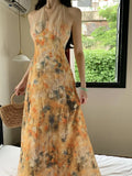 MQTIME  -  Print Floral Vintage Beach Long Dress Women Summer Sleeveless Halter Backless Slim Long Dress Sexy Club Party Birthday Dresses
