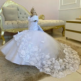 MQTIME  -  White Flower Girl Dresses Flory Appliques Pearls With Bow And Tailing Sleeveless For Wedding Birthday Banquet Gowns