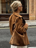 MQTIME  -  Women Brown Suede Leather Jacket Vintage Lapel Single Breasted Long Sleeve Pocket Slim Outerwear Spring Lady Chic Top 2025