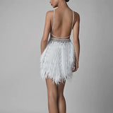 MQTIME  -  Spring Summer New Vestidos Elegant Strap V-neck Women Dresses Sexy Feather Female Banquet Evening Dress