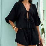 MQTIME  -  2 Pieces Short Sets Femme Black Sets Lace-up Cotton Solid Color Holiday Outfits Two Pieces Beach Summer Tracksuit