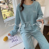 MQTIME  -   New Fall Winter Women Loungewear Fleece Stripe Pajama Set Girl Lady Round Neck Solid Color Homewear Soft Home Clothes Woman Teen