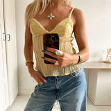 MQTIME  -  Sexy Flowy Crinkle Texture Camisole Top Lace Trim Y2K  Adjustable Spaghetti Strap Bow Front Babydoll Tank Top Ladies Crop Vest