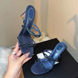 MQTIME  -  Luxury Rhinestones Cross-tied Narrow Band Women Slippers Sandals Fashion Summer High Heels Crystal Mules Slides Wedding Shoes