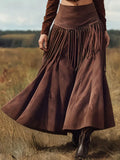 MQTIME  -  New Ethnic Elegant Solid Tassel Slim Fit Midi Skirt Brown Wide Hem Long Skirt Party Evening Dresses Versatile  Female Clothing
