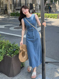 MQTIME  -  Summer Long denim Dress Women's Korean V-neck Sleeveless Stripe Printed High Waist A-line Dress