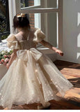 MQTIME  -  Girls Princess Long Dress Fashion Bow Sequin Puff Sleeve Tutu High End Formal Party Gown Ball New Style Children Evening Dress
