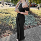 MQTIME  -  Women's Casual Irregular Solid Long Dress Trendy High Waist Mesh Hollow Party Dress Sexy Sleeveless Pleated Wrap Hips Maxi Dress