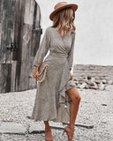 MQTIME  -  Printing Maxi Dress V Neck Bandage Boho Holiday Dress Long-sleeved Belt Lace-up Vestidos Ruffled Beach Dresses
