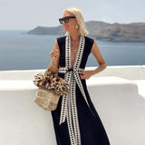 MQTIME  -  Printed Sexy Deep V-neck Backless Long Dress Women Sleeveless Belts Hollow Out O-neck A-line Dresses 2025 Summer Holiday Robe