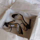 MQTIME  -  Fairy Style Slotted Strap Rhinestone Heels New Black Open-toe Stiletto Sandals