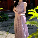MQTIME  -  Women's New Chinese Style Sleeveless Cheongsam Dress Floral Print Mandarin Collar Frog Button Loose Fit Maxi Dress