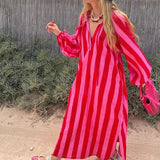 MQTIME  -  Ladies Elegant Party Dress Fashion Striped Printed Long Sleeved Loose Dress Vestidos Autumn Sexy V-neck Holiday Women's Dress