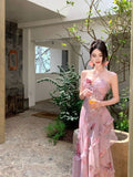 MQTIME  -  Woman Dress Sexy Elegant Sleeveless Floral Printed Spring Fashion Irregular Ruffles Holiday Hollow Out Backless Dresses