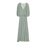 MQTIME  -  Pleated Elegant Summer Long Dress Women Batwing Sleeve Deep V-neck High Waist Street Thin Dresses Vacation 2025 New Slim Robe