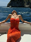 MQTIME  -  Bali beach vacation orange hollow lace pleated strapless dress women pure desire sexy elegant temperament long skirt
