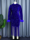 Mqtime Women Dress Velvet Shiny Glitter Sequin Long Sleeve  Feather Tassel Autumn Package Hip Celebrate Occasion Birthday African Gown