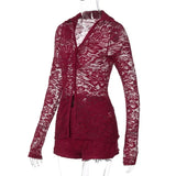 ﻿ MQTIME  -  Autumn Women See Through Lace 2 Piece Set Turn Down Collar Long Sleeve Single Breasted Shirt Cardigan Top + Shorts Suit