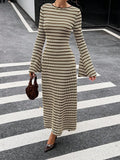 MQTIME  -  Slim Fit Knitted Long Sleeve round Neck Bell Bottom Striped Dress Cross Border New Style Fresh Sweet Style Casual Dress