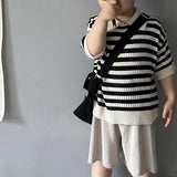 MQTIME  -  Summer New Children Short Sleeve Casual Polo Shirts Baby Boy Girl Hollow Out Knitwear Toddler Kids Striped Knitted Lapel Tops