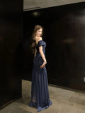 MQTIME  -  Mesh Navy Glitter Off Shoulder Mermaid Maxi Dress Women Ruched Bodycon Summer Sheer Elegant Slash Neck Long Evening Party Gown