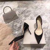 MQTIME  -  New Hollow Sequin Color Blocked High Heels Pointed Bridesmaids Work Wedding Shoes for Women