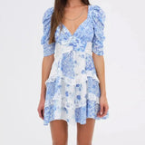 MQTIME  -  Women Floral Lace Dress Short-sleeved Vintage Style Mini Dress V-neck Blue Printing Short Vestidos Retro Summer Robes