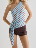 MQTIME  -  Women s Striped One Shoulder Tank Top with Tie-Up Waist and Sleeveless Design - Chic Streetwear Aesthetic Vest for Casual Wear