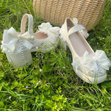 MQTIME  -  Comfortable Round Toe Block Heels Chunky Pumps Women's Lolita Bow Pearl Chain Embellished Low Heel Wedding Party Dress Shoes