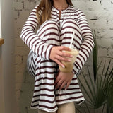 ﻿ MQTIME  -  Stripes Casual 2-Piece Set Women Single-Breasted v-Nec Crop Tops+Comfortable Pants Daily Classic Fashion Autumn Suits