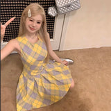 MQTIME  -  Streetwear Yellow Palid A-Line Dress Design Sleeveless Fairy Dress Vintage Classical Plaid Prom Gown Fashion Office Lady