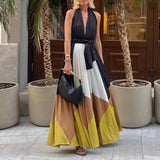 MQTIME  -  Trendy Halter Dress For Women Sexy Deep V Sleeveless Backless Tie-up Dress 2025 Summer Color Blocked Off Shoulder Evening Dress