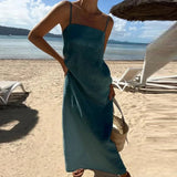 MQTIME  -  Summer Solid Color Cotton Linen Long Dress Fashion Slash Neck Holiday Beach Sling Dress Casual Sleeveless Simple A-line Dresses