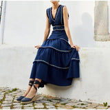 MQTIME  -  Fashion V Neck Sleeveless High Waist Dress Women Vintage Fringes Spliced Midi Ruffles Dress 2024 Summer Lady Party Vestidos