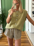 MQTIME  - Knitted Sleeveless Solid Vests Women Loose Casual O-Neck Green Single-Breasted Cardigan Female All-Matching Knit Sweater Outwear