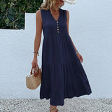 MQTIME  -  Solid Color Straight Tank Dress Sleeveless Holiday Viscose Maxi Dress Button Up V Neck Boho Dress Vacation Robes