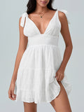 MQTIME  -  Women Summer White Dress Bow Lacing Strap V-Neck Hollow Eyelet Ruffle Hem A-Line Short Cami Dresses