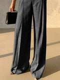 MQTIME  -  Women's Grey Business Casual Suit Pants 2025 New Fashion Elastic High Waist Wide Leg Loose Pleated Belt Trousers Bottoms