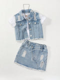 MQTIME  -  Girls Casual Style Sleeveless Top with Distressed Denim Skirt Set - Trendy Outfit for Kids