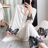  MQTIME  -  Elegant Fashion Lace Splicing Women's Pajamas New Loose Lapel Single Breasted Long Sleeve Tops Pants Temperament Female 2Pcs Set