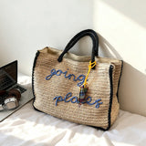  MQTIME  -  Women Large Capacity Hand Woven Straw Tote Bag Top Handles Simple Letter Embroidery Summer Beach Travel Shopping Handbag
