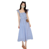 MQTIME  -  French style blue checkered vacation small flying sleeve dress with a waistband design and a square neck embroidered retro skirt