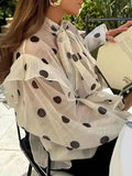 MQTIME  -  Elegant Classic Lace-Up Tops Female Clothing Fashion Loose Polka Dot Print Women's Blouse Casual Lapel Puff Sleeve Office Shirts